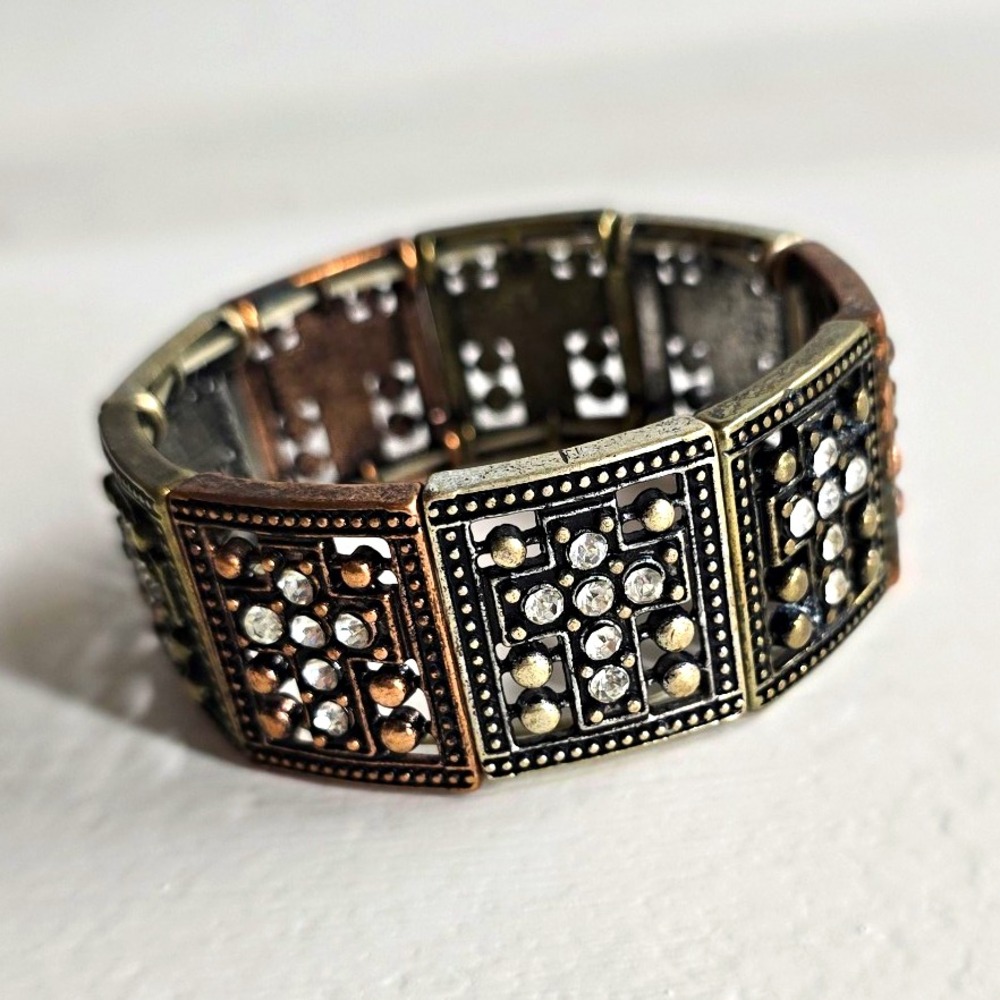 Silver Tone Rectangle Panel Bangle Bracelet with White/Colorless Crystal